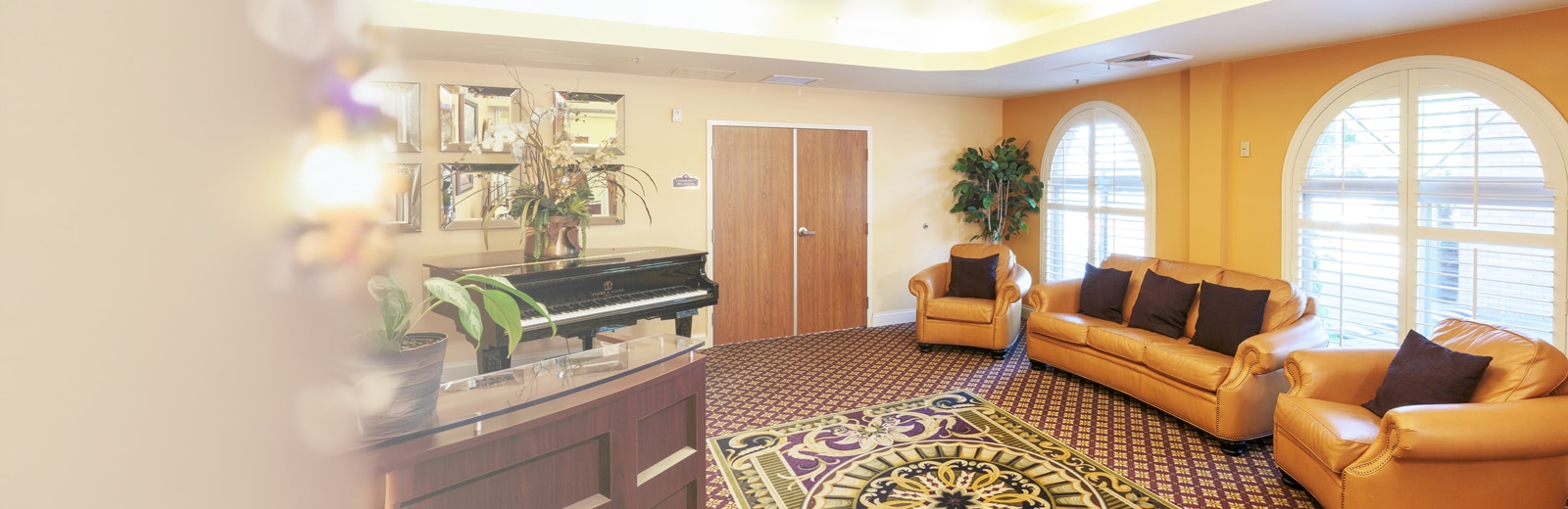 A cozy lounge with tan sofas and dark cushions, a grand piano, and potted plants on a purple-patterned carpet.